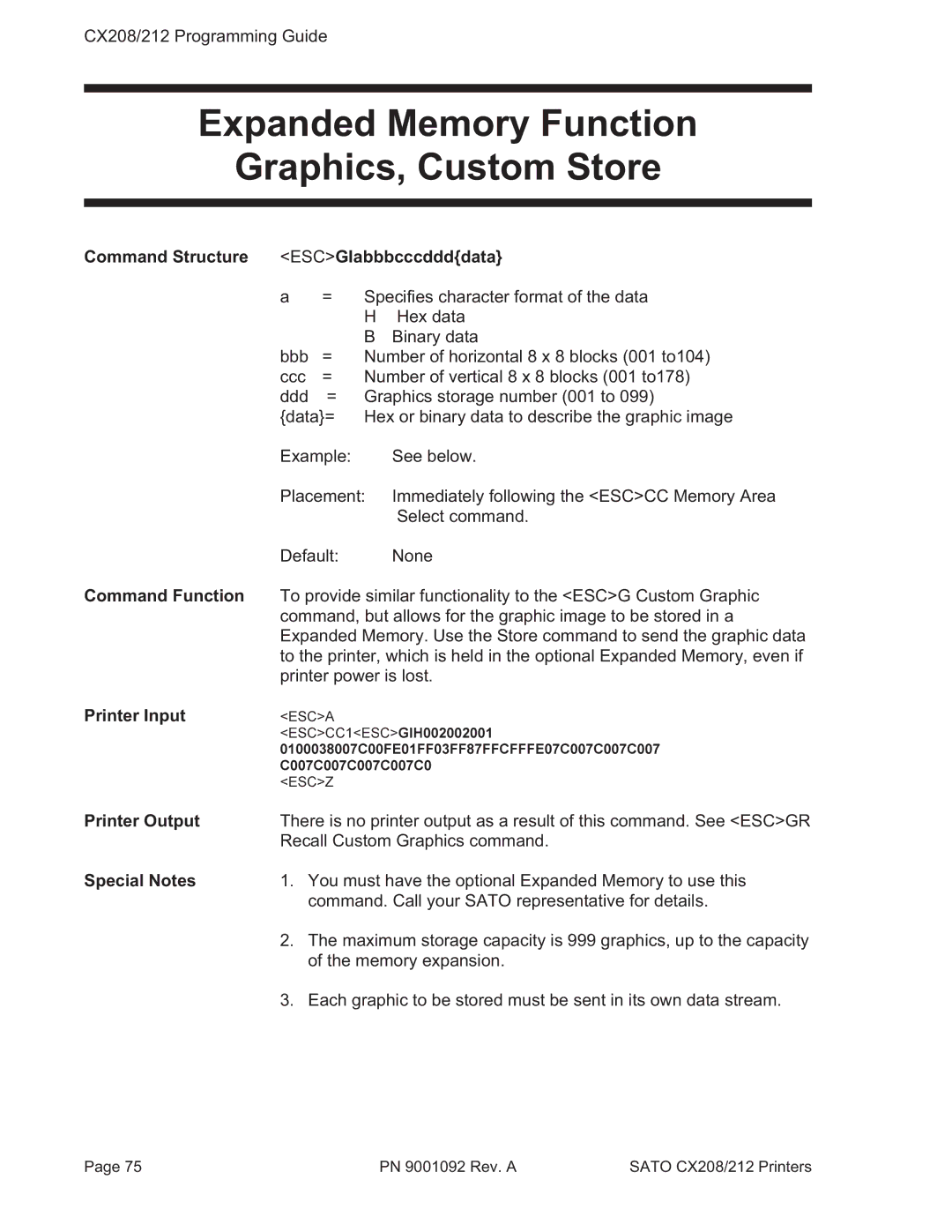 SATO CX208/212 manual Expanded Memory Function Graphics, Custom Store, Command Structure ESCGIabbbcccddddata 