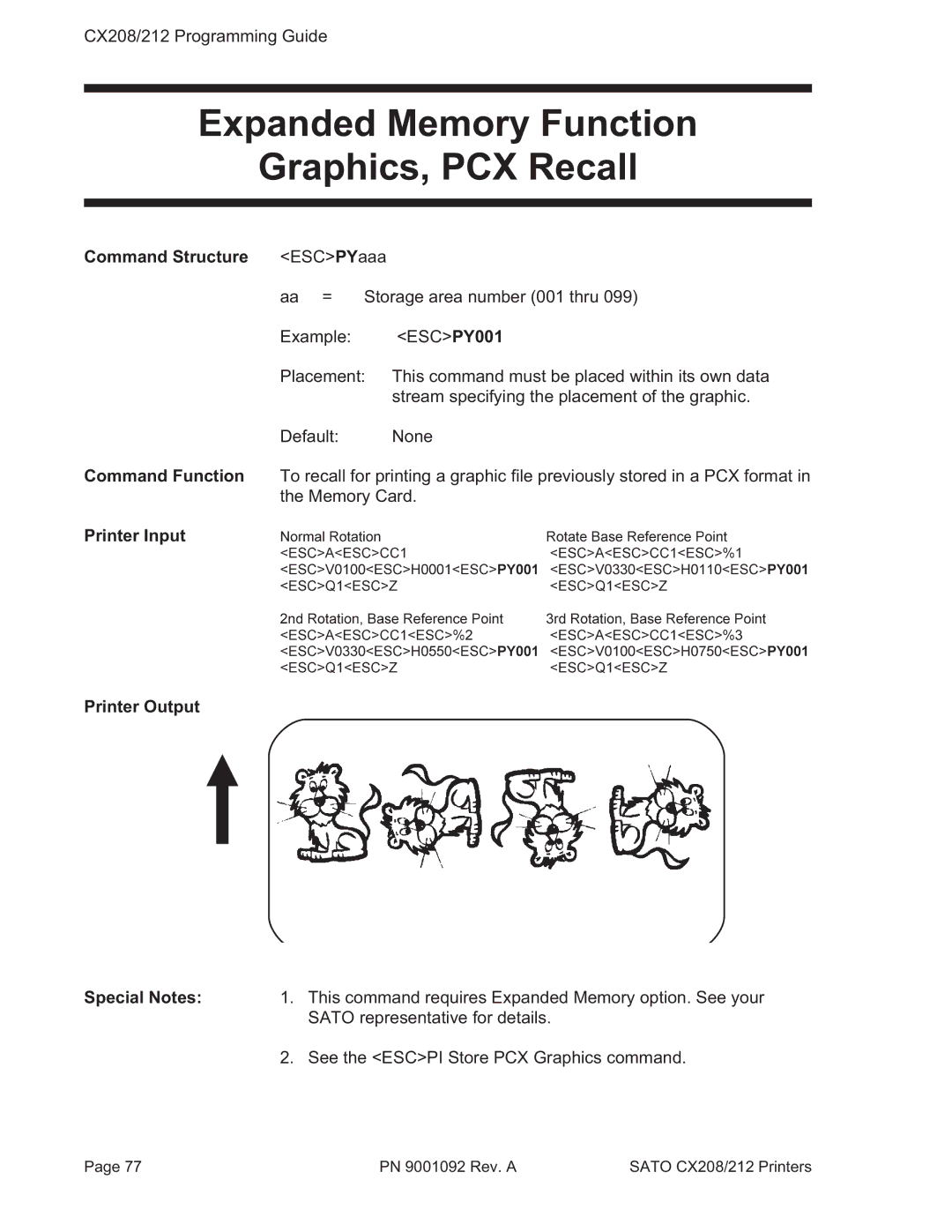 SATO CX208/212 manual Expanded Memory Function Graphics, PCX Recall, Command Structure ESCPYaaa 