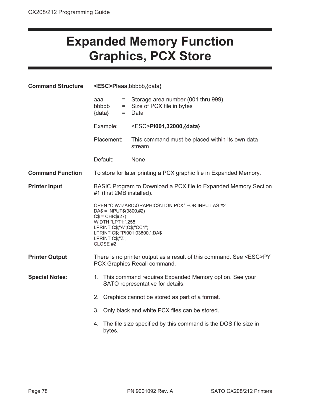 SATO CX208/212 manual Expanded Memory Function Graphics, PCX Store, ESCPI001,32000,data 