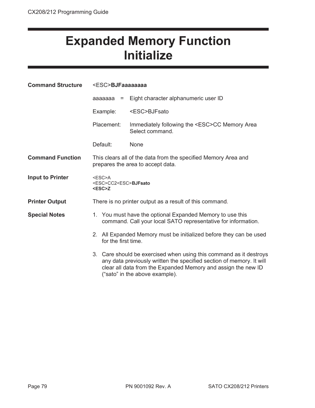 SATO CX208/212 manual ESCZCC2ESCA, Expanded Memory Function Initialize 