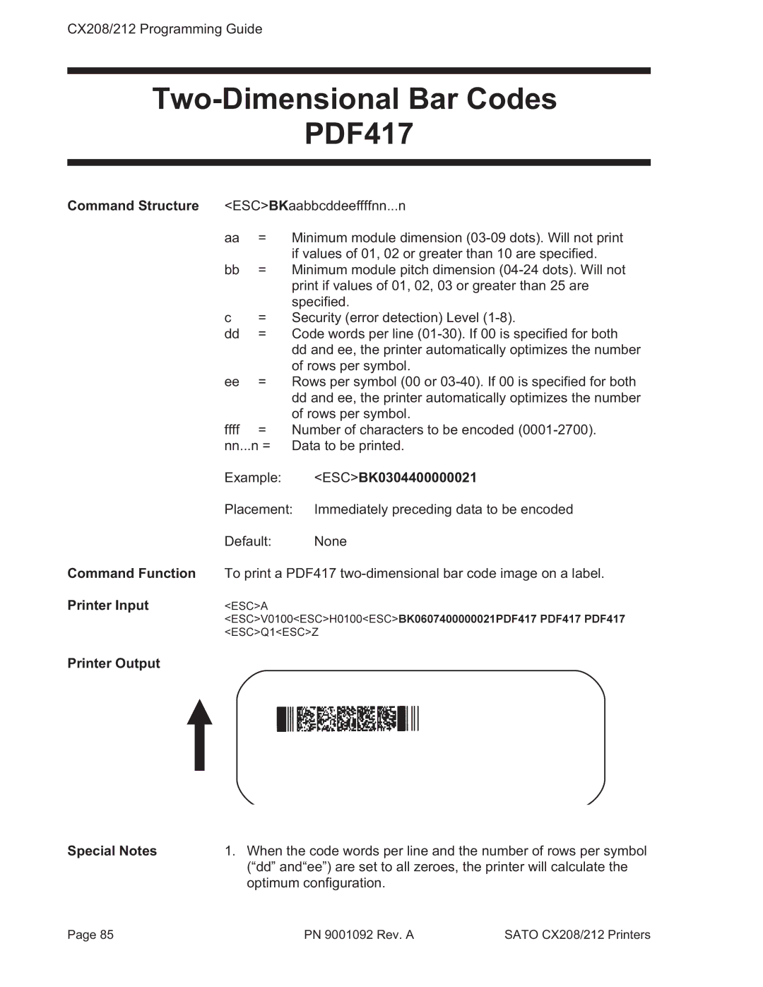 SATO CX208/212 manual Two-Dimensional Bar Codes, Command Structure Command Function Printer Input, BK0304400000021 