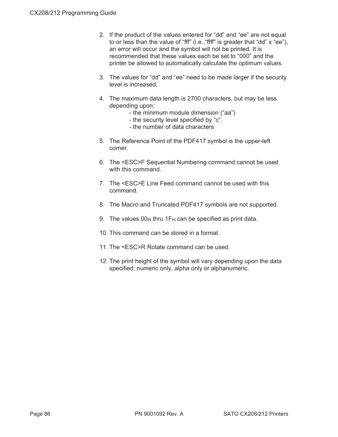 SATO CX208/212 manual Values 00Hthru 1FHcan be specified as print data 