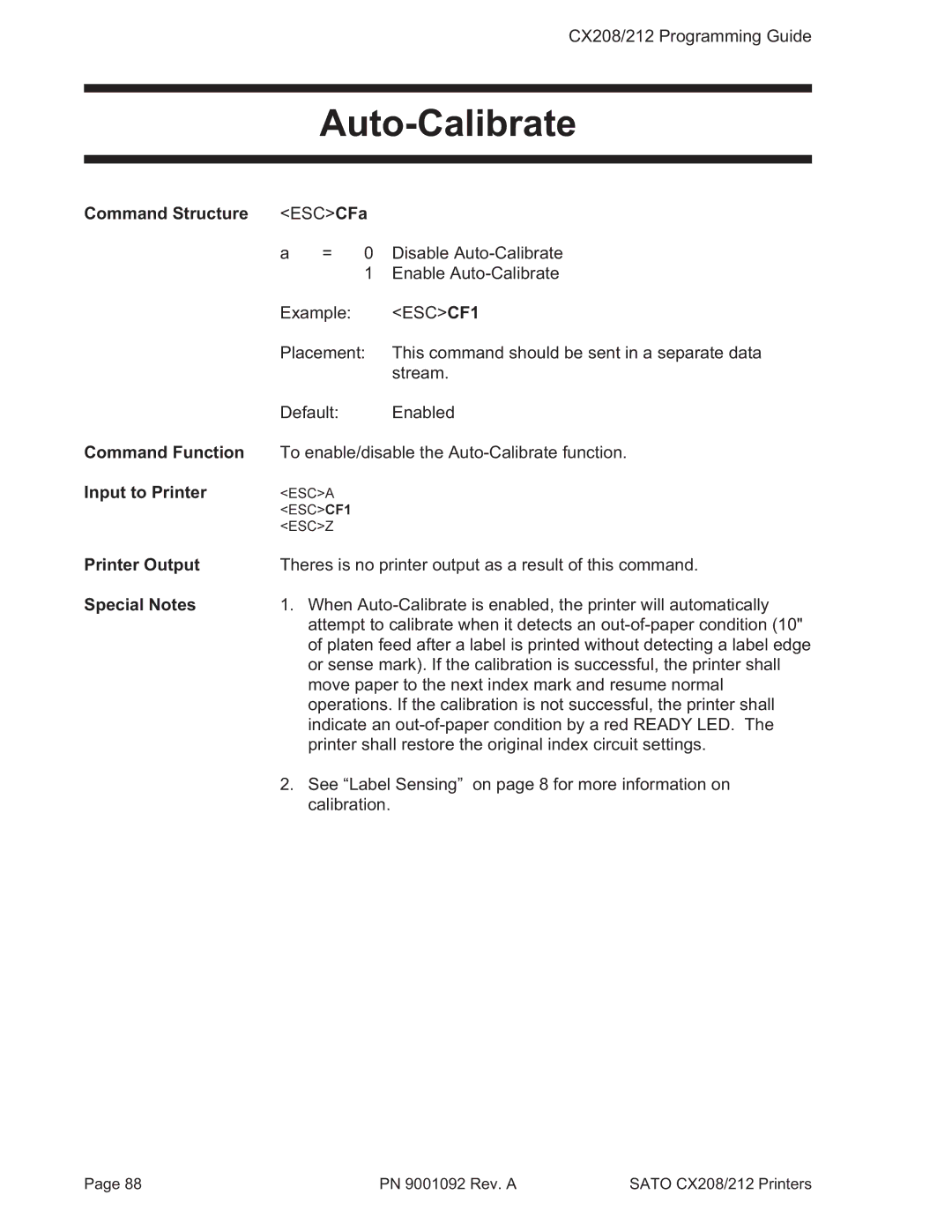 SATO CX208/212 manual Auto-Calibrate, Command Structure ESCCFa 