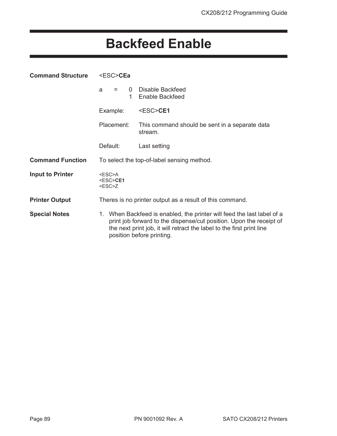 SATO CX208/212 manual Backfeed Enable, Command Structure ESCCEa 