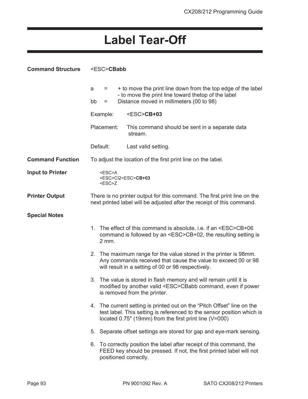 SATO CX208/212 manual Label Tear-Off, Command Structure ESCCBabb 