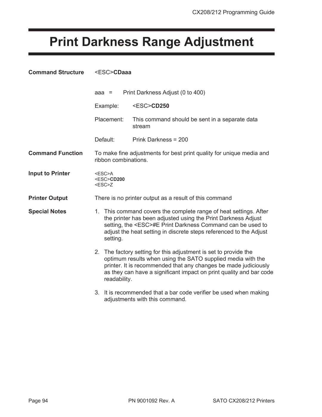 SATO CX208/212 manual Print Darkness Range Adjustment, Command Structure 