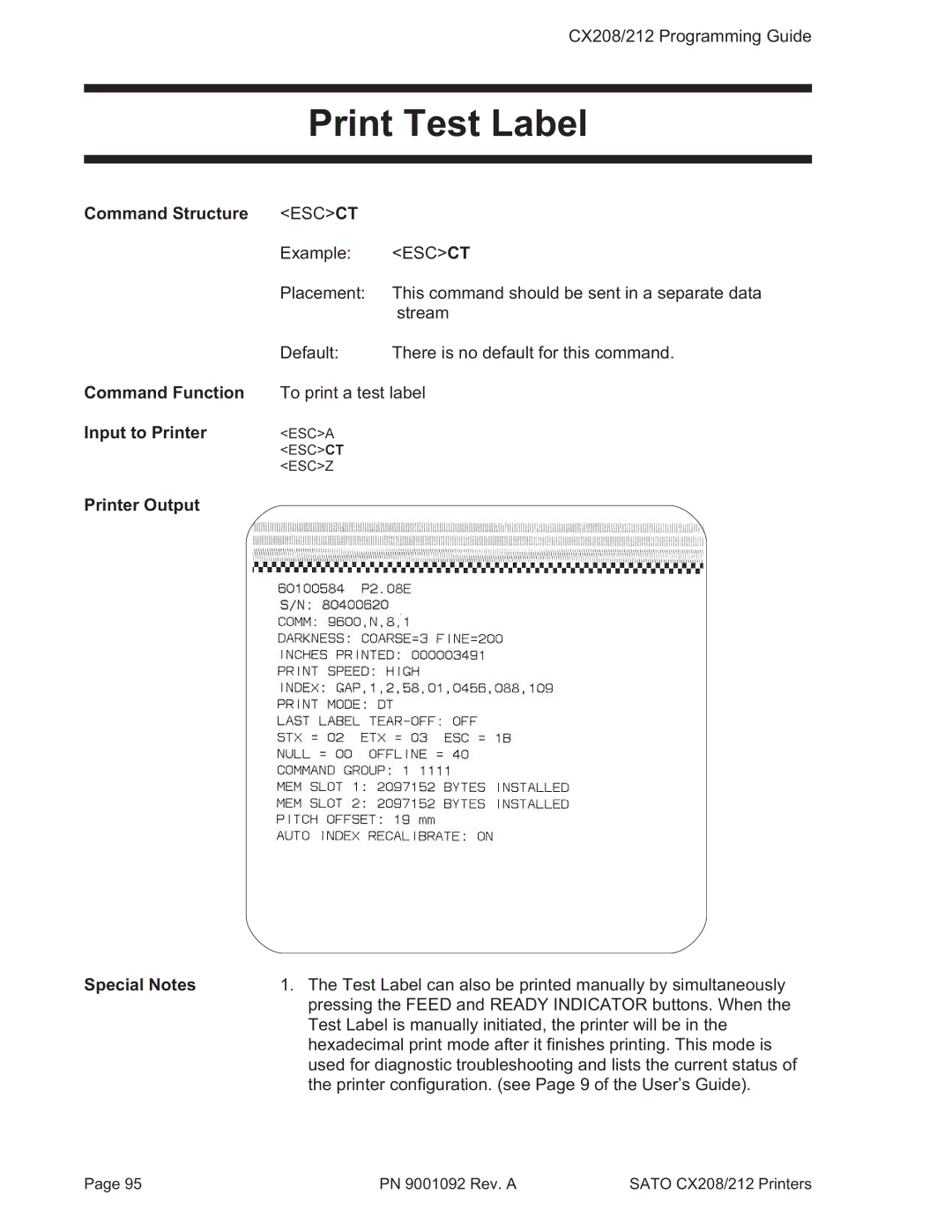 SATO CX208/212 manual Print Test Label, ESC Azct 