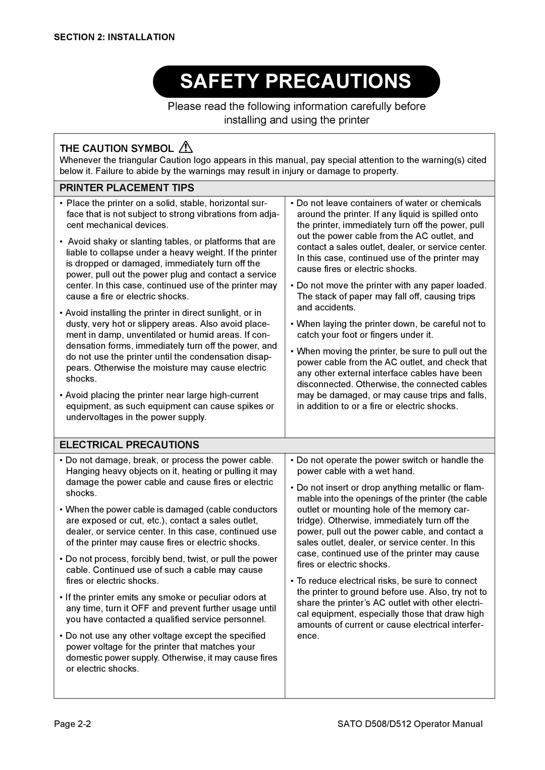 SATO D512, D508 service manual Printer Placement Tips, Electrical Precautions 