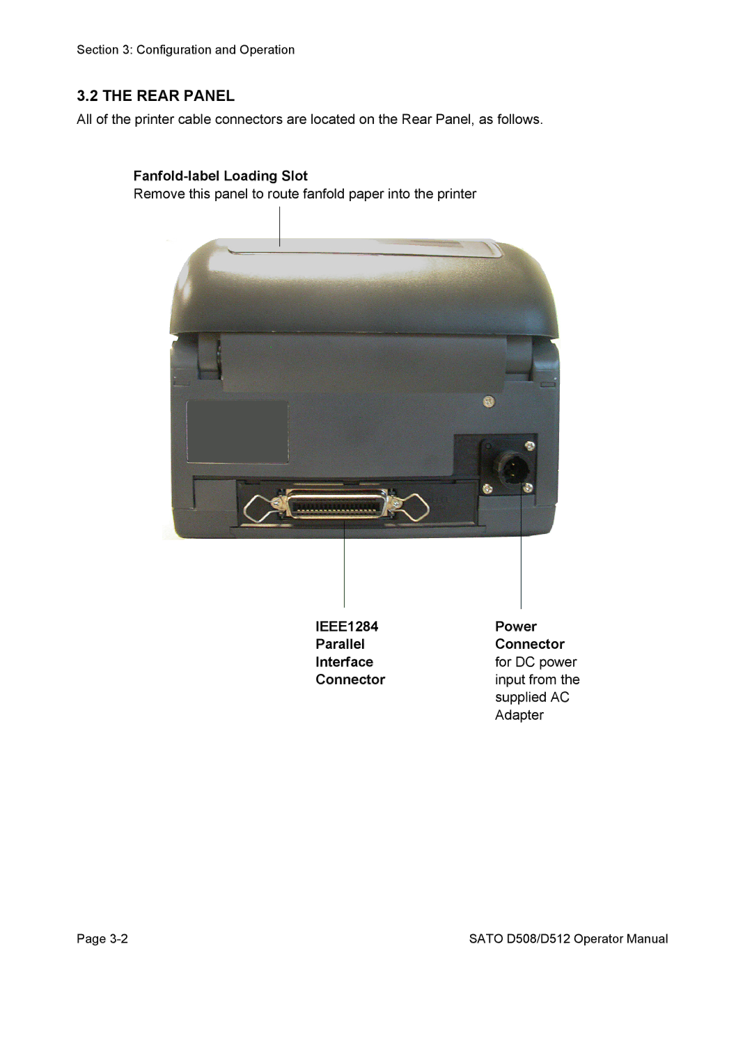 SATO D512, D508 service manual Rear Panel, Fanfold-label Loading Slot 