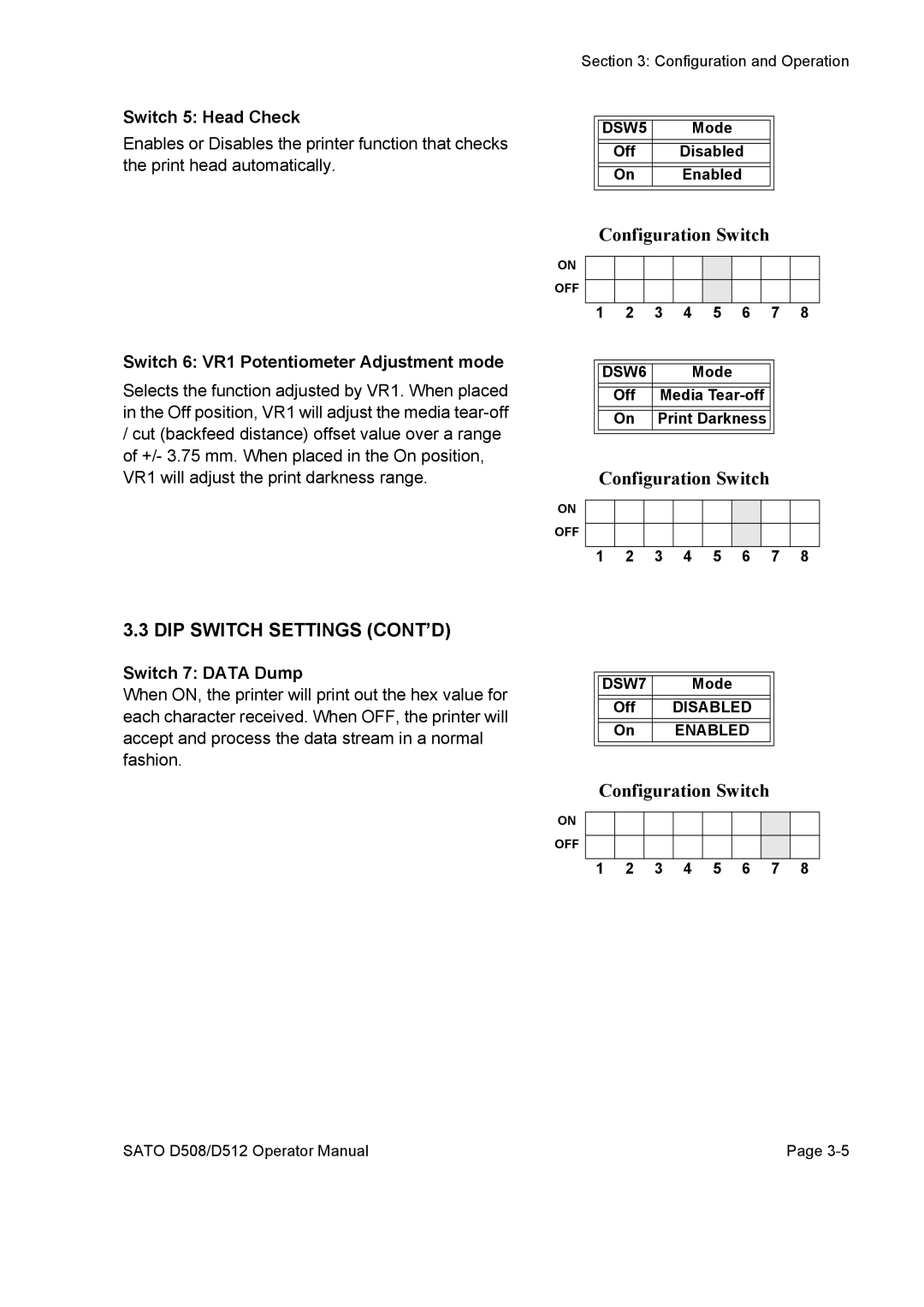 SATO D508, D512 service manual Switch 5 Head Check, Switch 7 Data Dump 