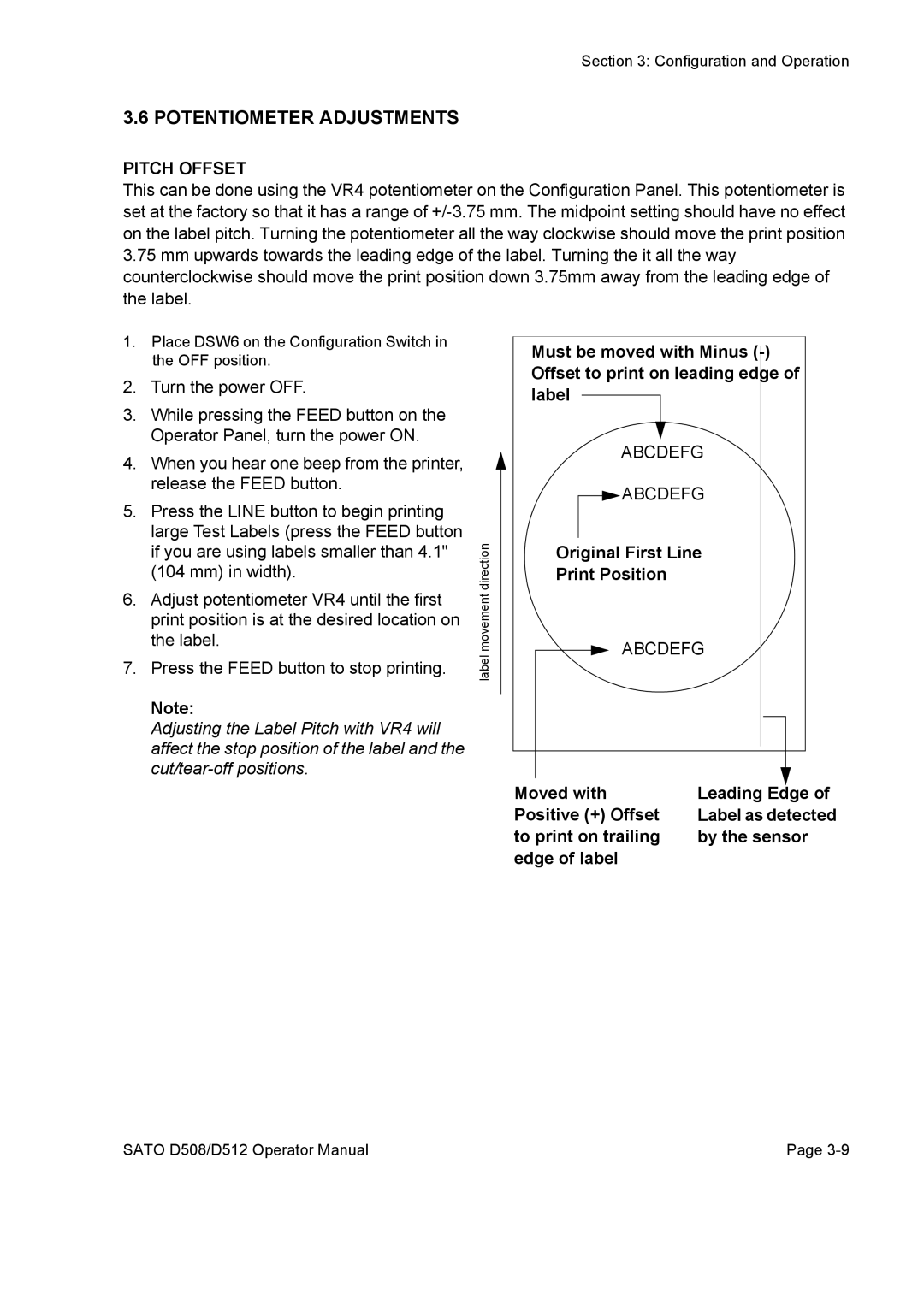 SATO D508, D512 service manual Potentiometer Adjustments, Pitch Offset, Original First Line Print Position 