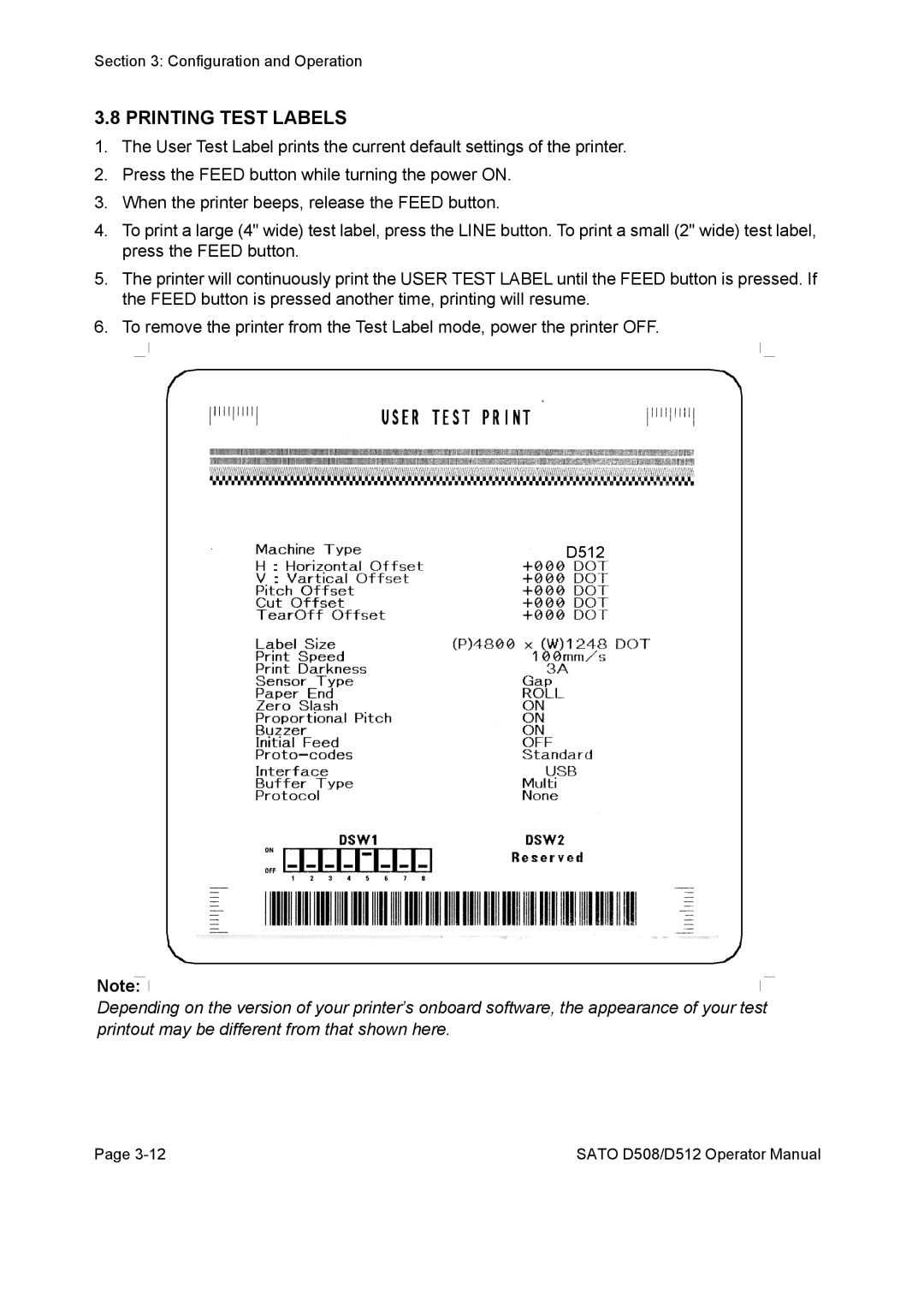 SATO D512, D508 service manual Printing Test Labels 