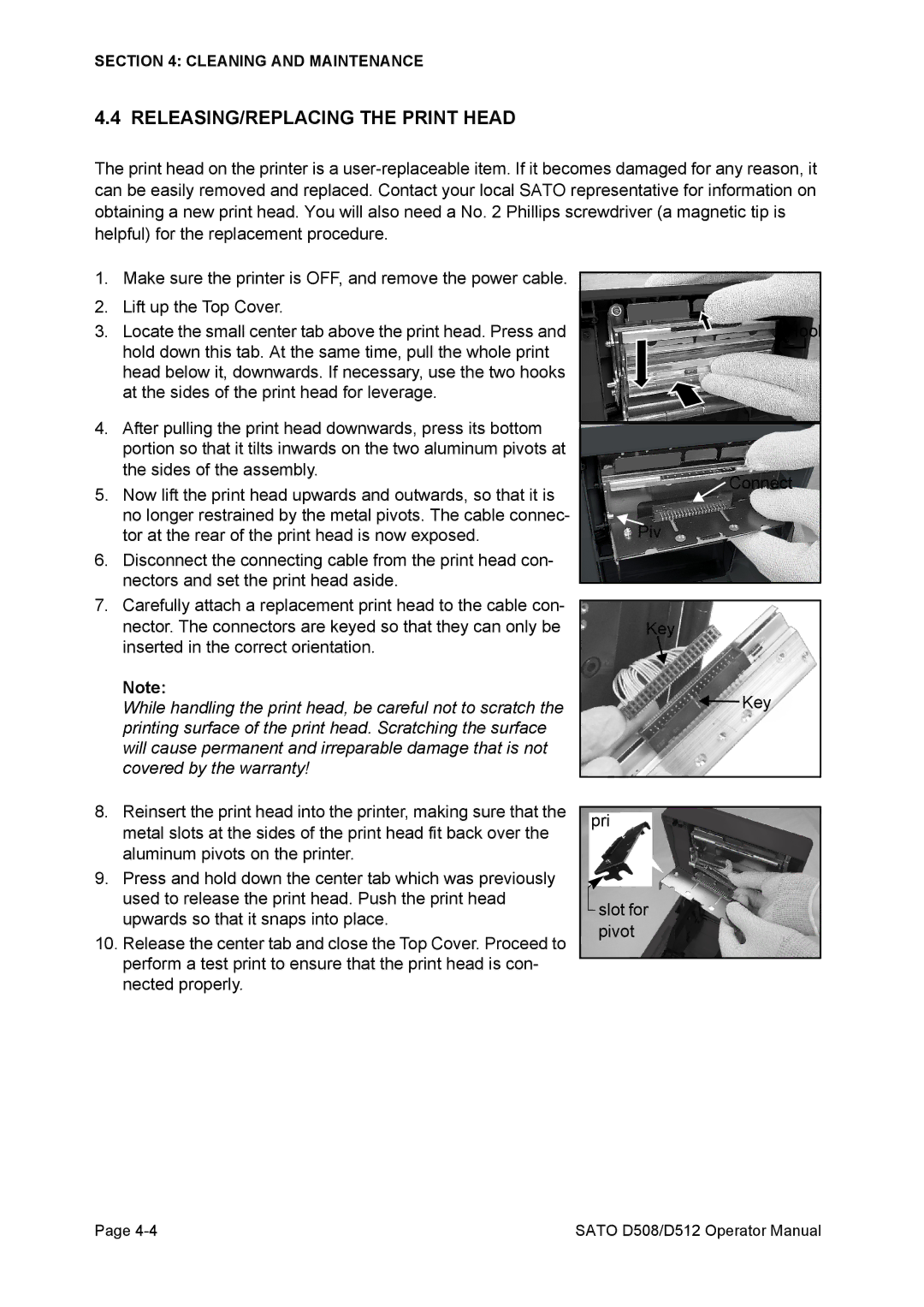 SATO D512, D508 service manual RELEASING/REPLACING the Print Head 