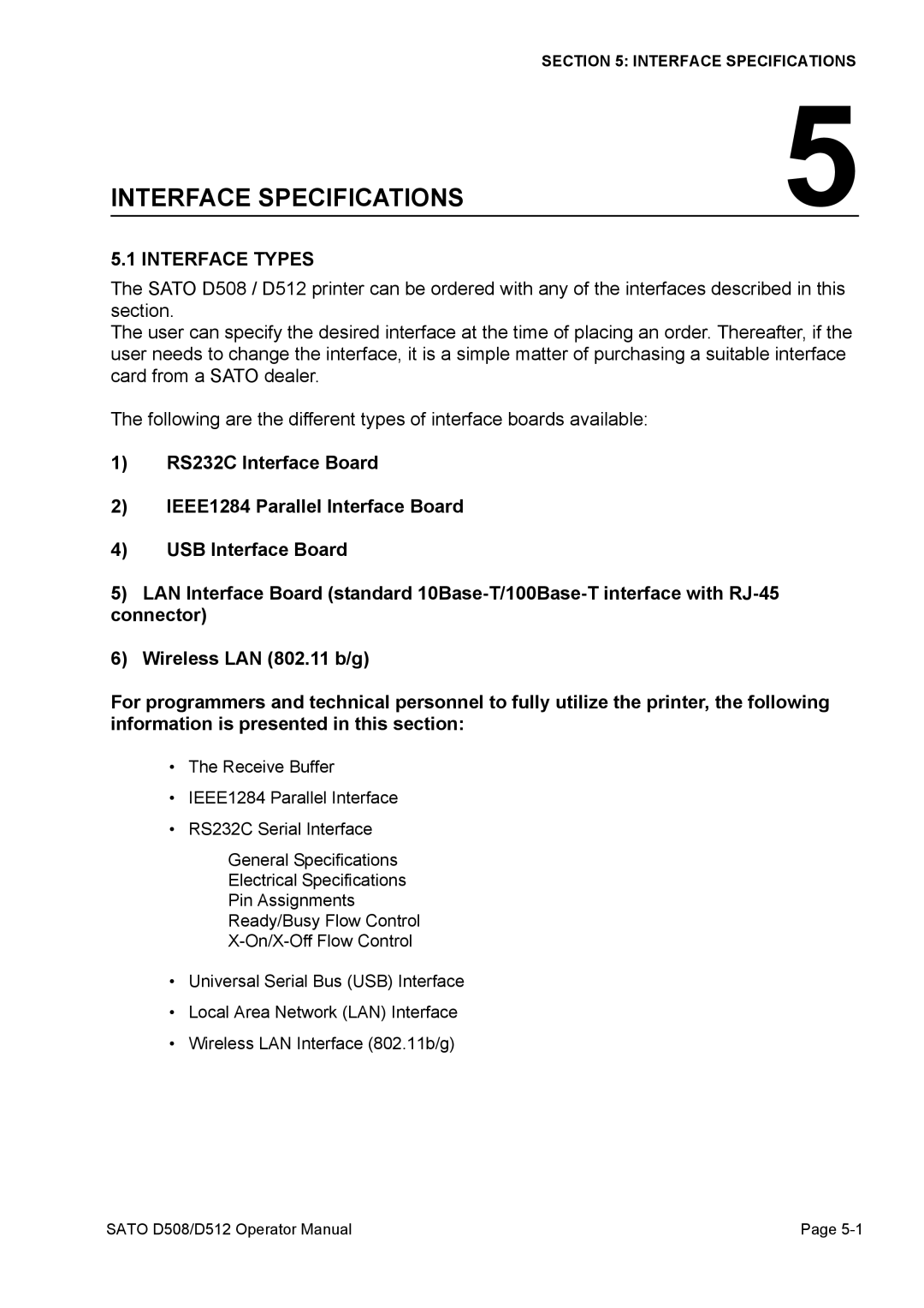 SATO D508, D512 service manual Interface Specifications, Interface Types 