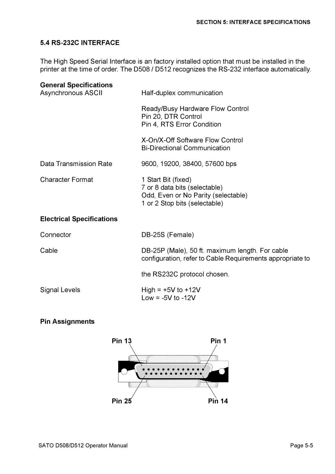 SATO D508, D512 service manual RS-232C Interface, General Specifications 