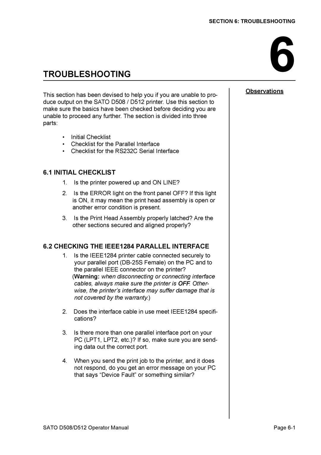 SATO D508, D512 service manual Initial Checklist, Checking the IEEE1284 Parallel Interface, Observations 