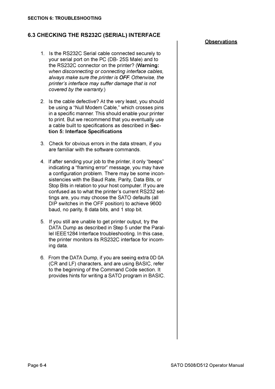 SATO D512, D508 service manual Checking the RS232C Serial Interface 