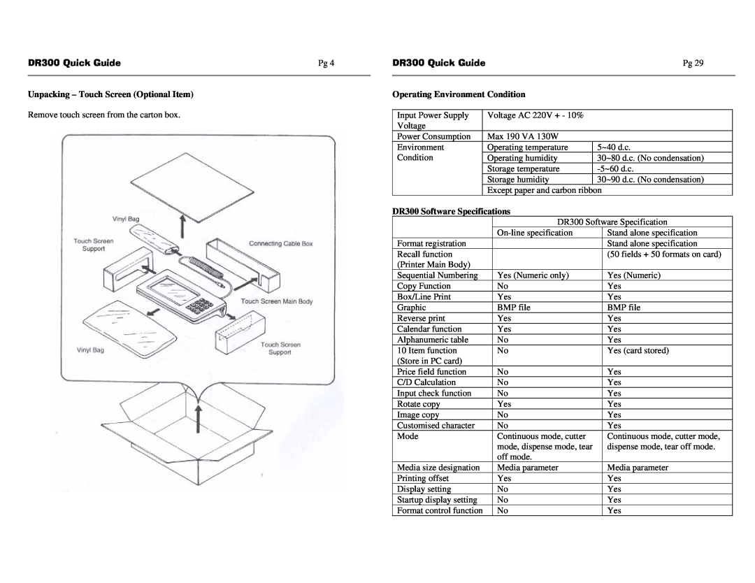 SATO manual Unpacking - Touch Screen Optional Item, Operating Environment Condition, DR300 Software Specifications 
