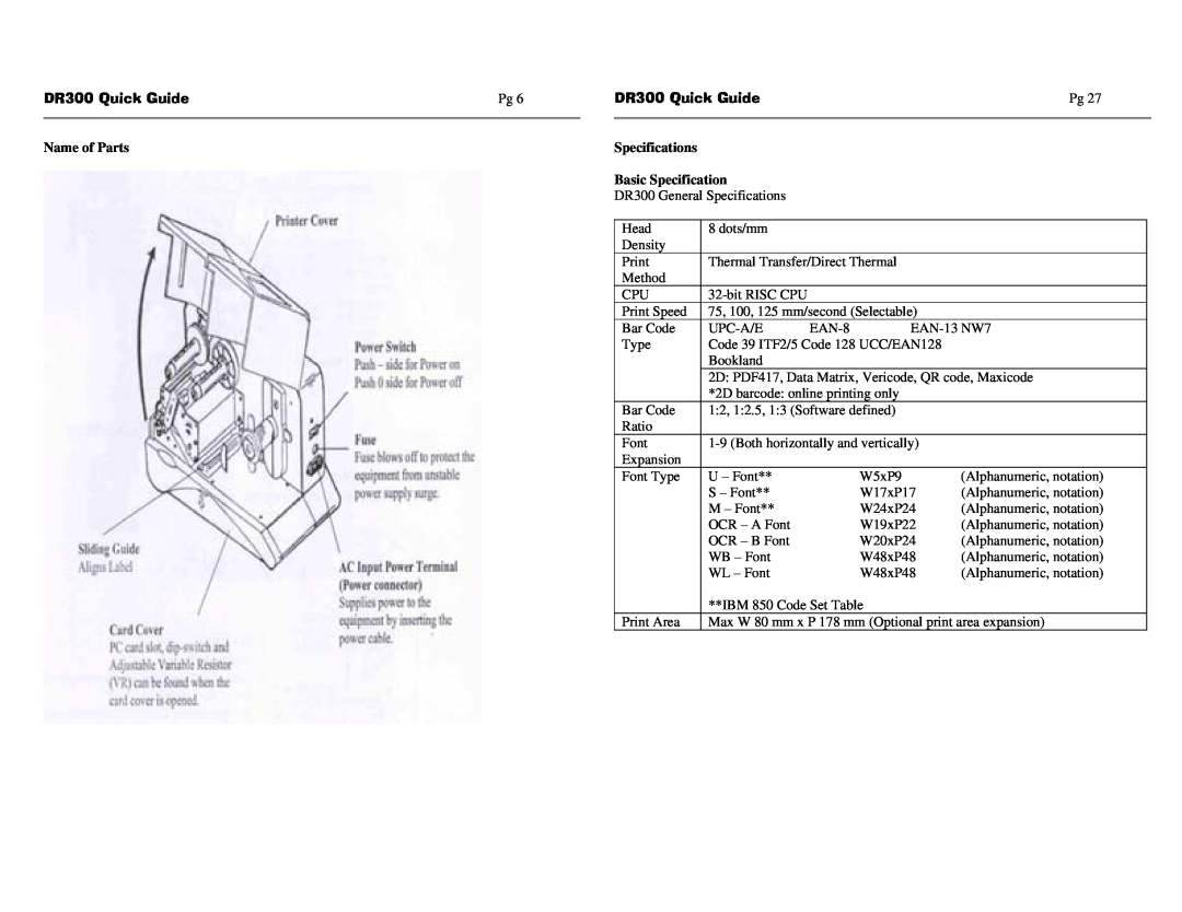 SATO manual Name of Parts, Specifications Basic Specification, DR300 Quick Guide 