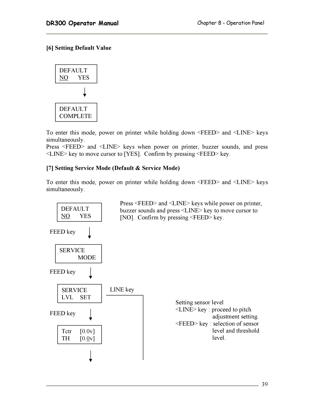 SATO DR300 manual Setting Default Value, Setting Service Mode Default & Service Mode 