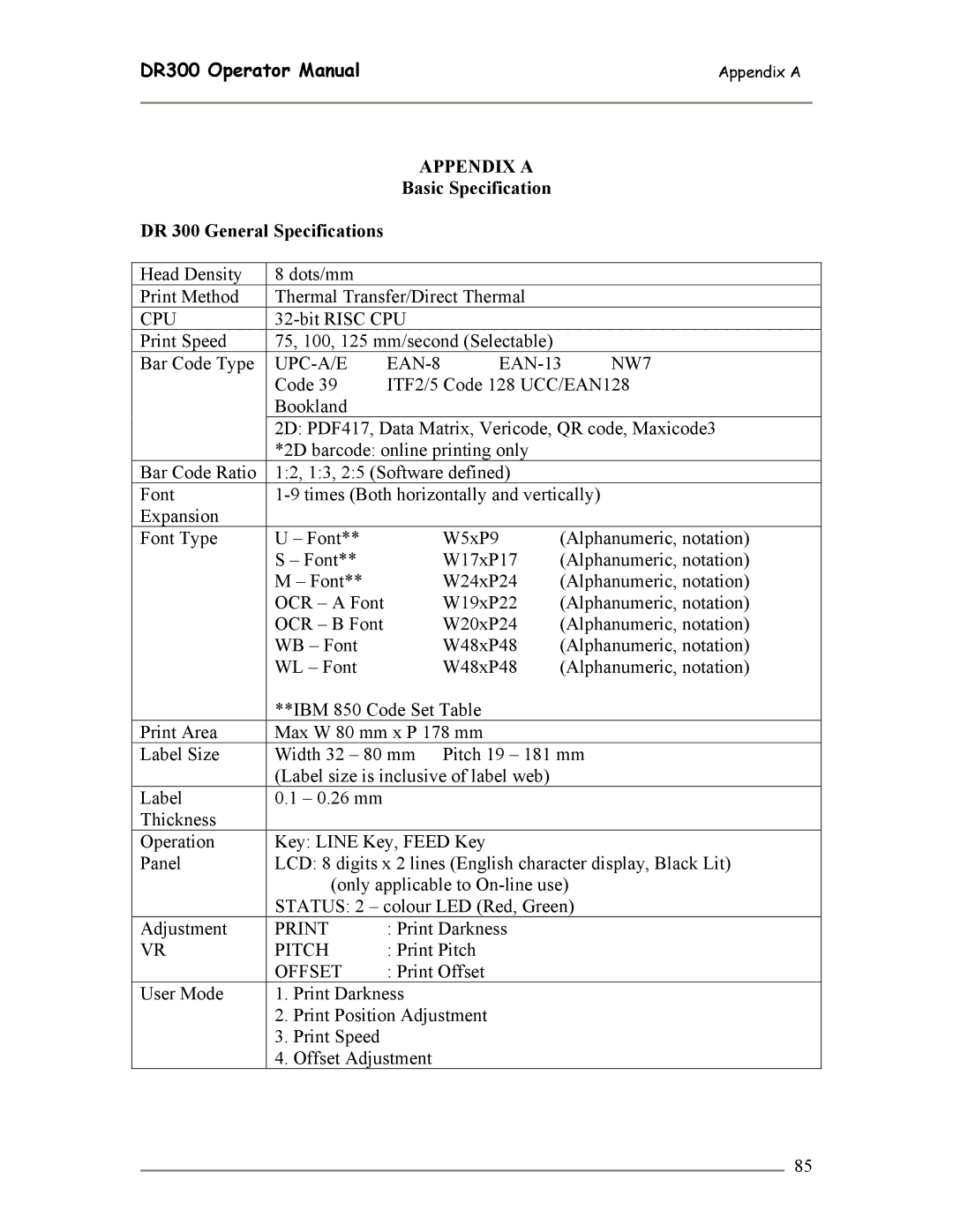 SATO DR300 manual Basic Specification DR 300 General Specifications 