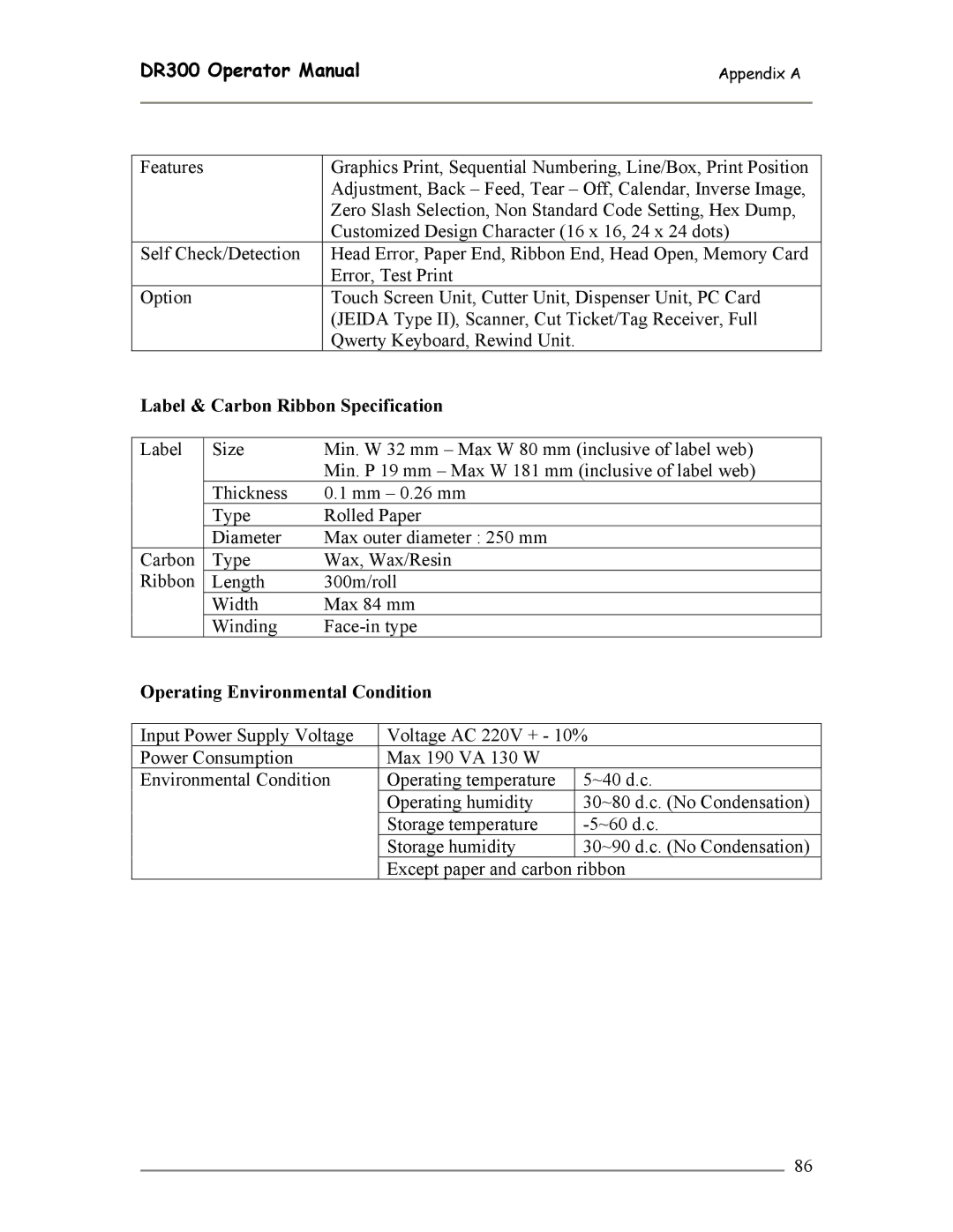 SATO DR300 manual Label & Carbon Ribbon Specification, Operating Environmental Condition 