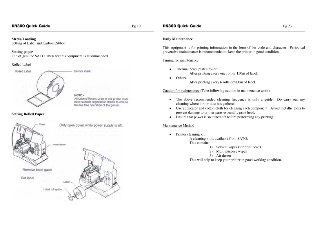 SATO DR300 manual Media Loading, Daily Maintenance Setting paper, Setting Rolled Paper 