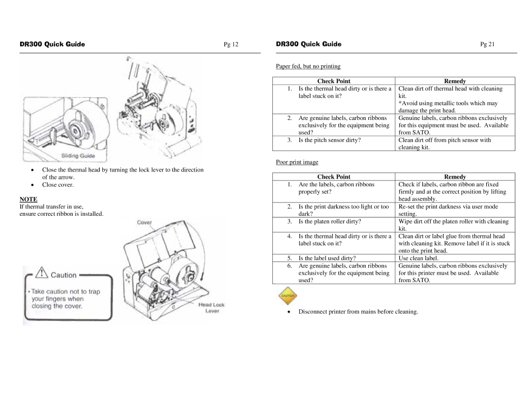 SATO DR300 manual Paper fed, but no printing 