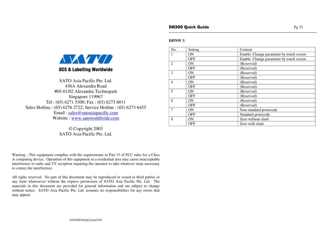 SATO DR300 manual Email sales@satoasiapacific.com 