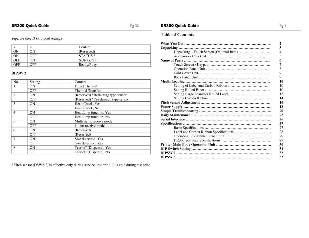 SATO DR300 manual Table of Contents 