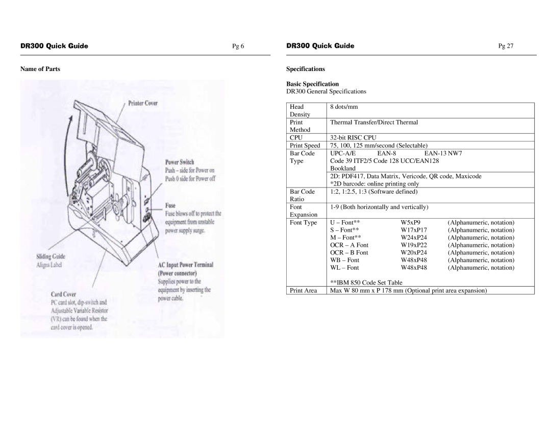 SATO DR300 manual Name of Parts, Specifications Basic Specification 