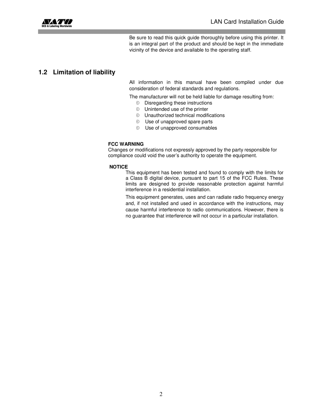 SATO GL 4xxe Series manual Limitation of liability, LAN Card Installation Guide 