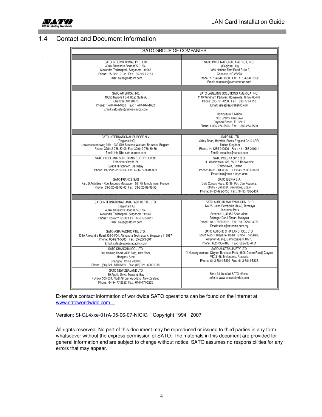 SATO GL 4xxe Series manual Contact and Document Information, Sato Group of Companies 