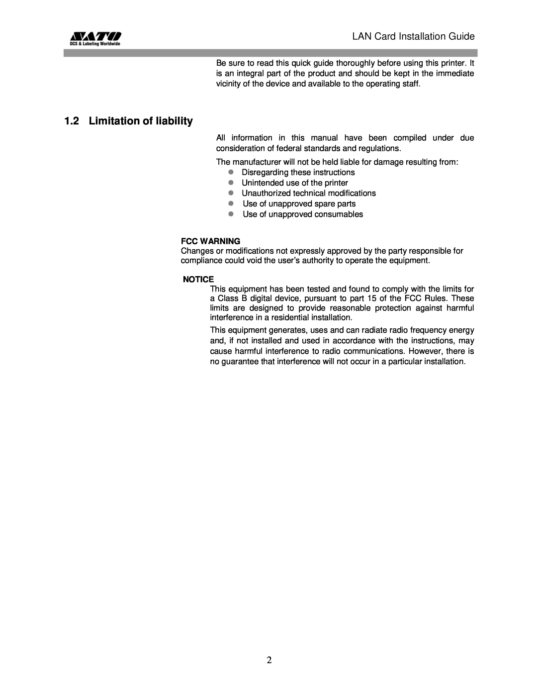 SATO GL 4xxe Series manual Limitation of liability, LAN Card Installation Guide, Fcc Warning 