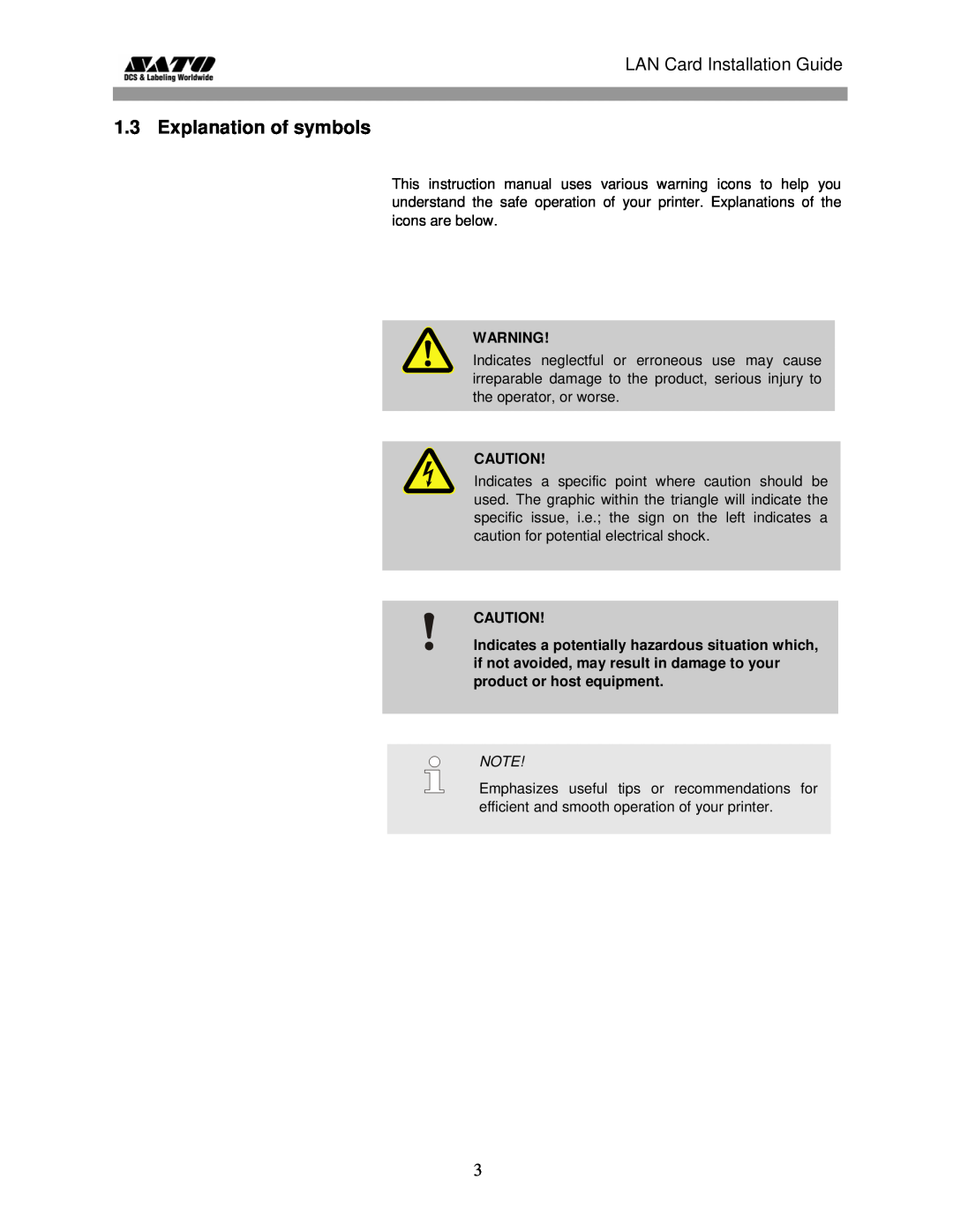 SATO GL 4xxe Series manual Explanation of symbols, LAN Card Installation Guide 