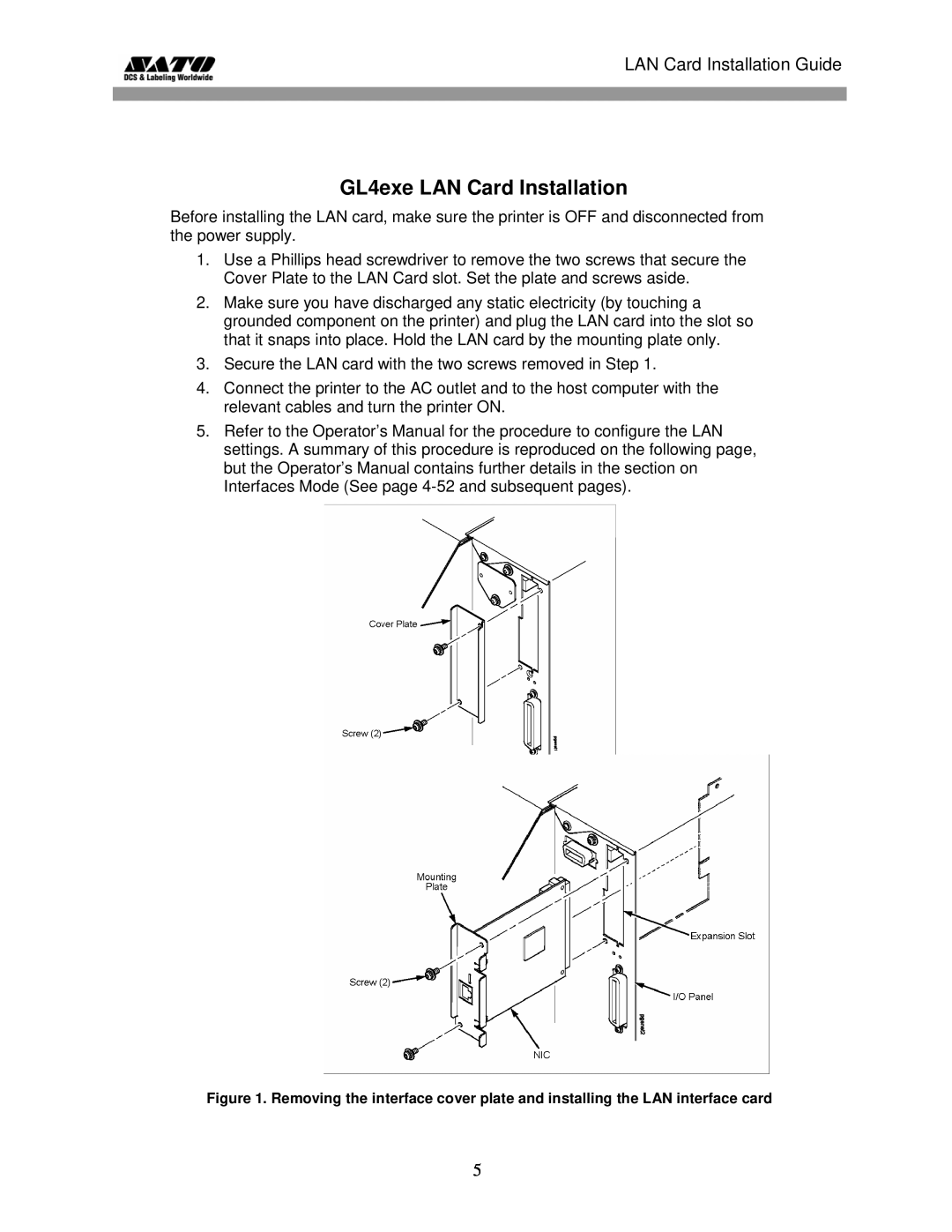 SATO GL 4xxe Series manual GL4exe LAN Card Installation, LAN Card Installation Guide 