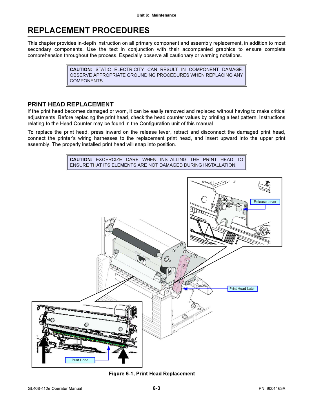 SATO GL408/412E manual Replacement Procedures, Print Head Replacement 