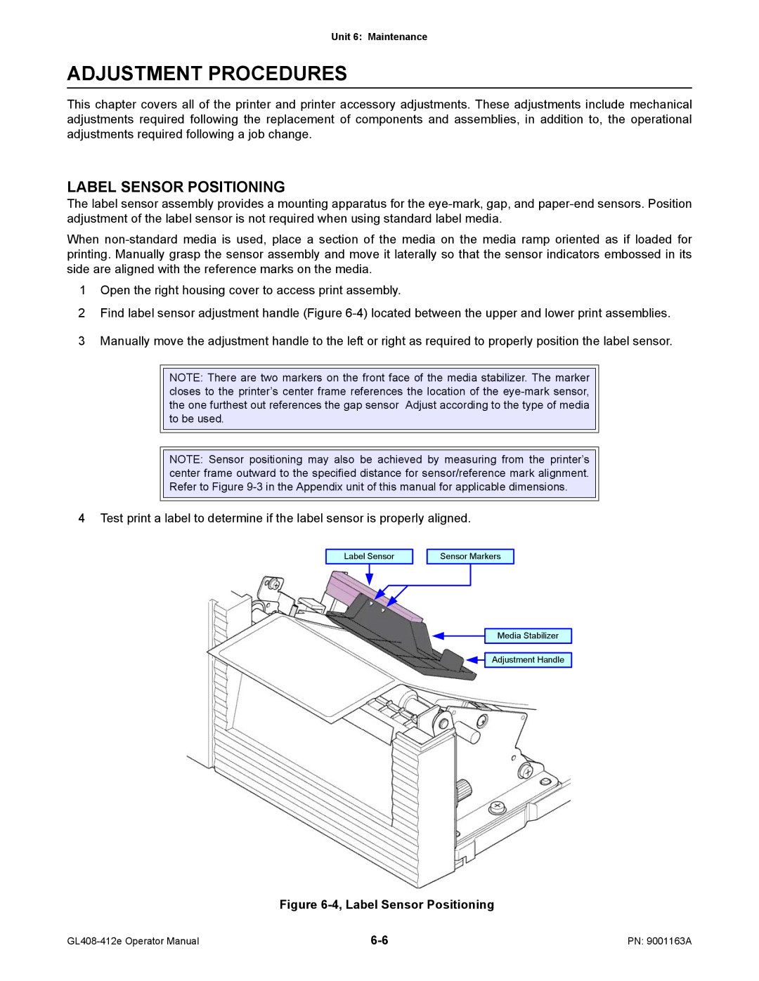 SATO GL408/412E manual Adjustment Procedures, Label Sensor Positioning 