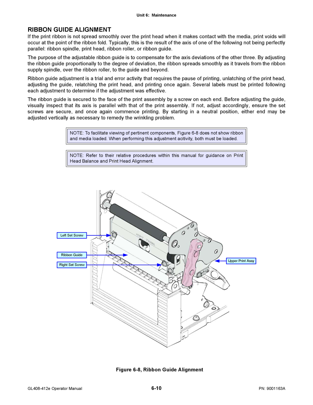 SATO GL408/412E manual Ribbon Guide Alignment, Head Balance and Print Head Alignment 