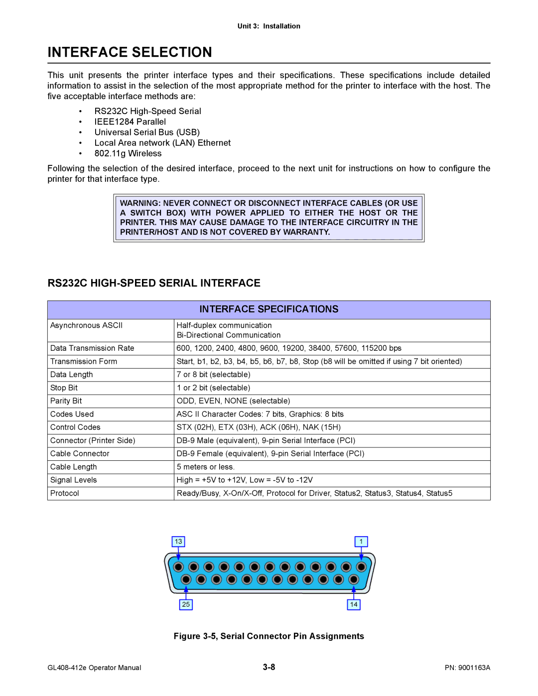 SATO GL408/412E manual Interface Selection, RS232C HIGH-SPEED Serial Interface, Interface Specifications 