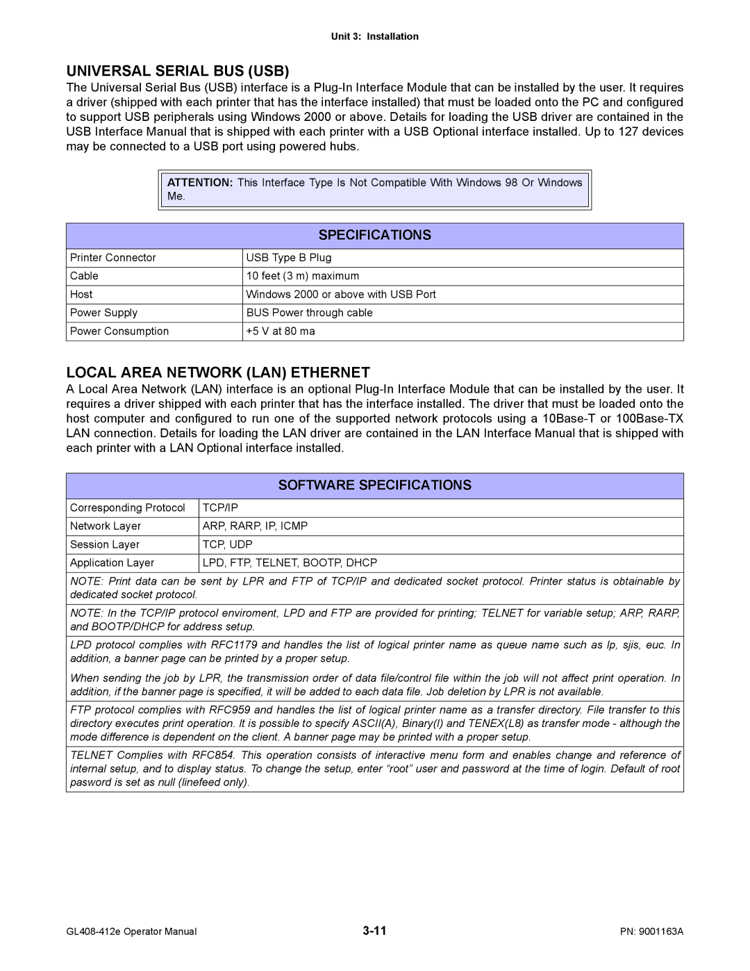 SATO GL408/412E manual Universal Serial BUS USB, Local Area Network LAN Ethernet, Software Specifications 