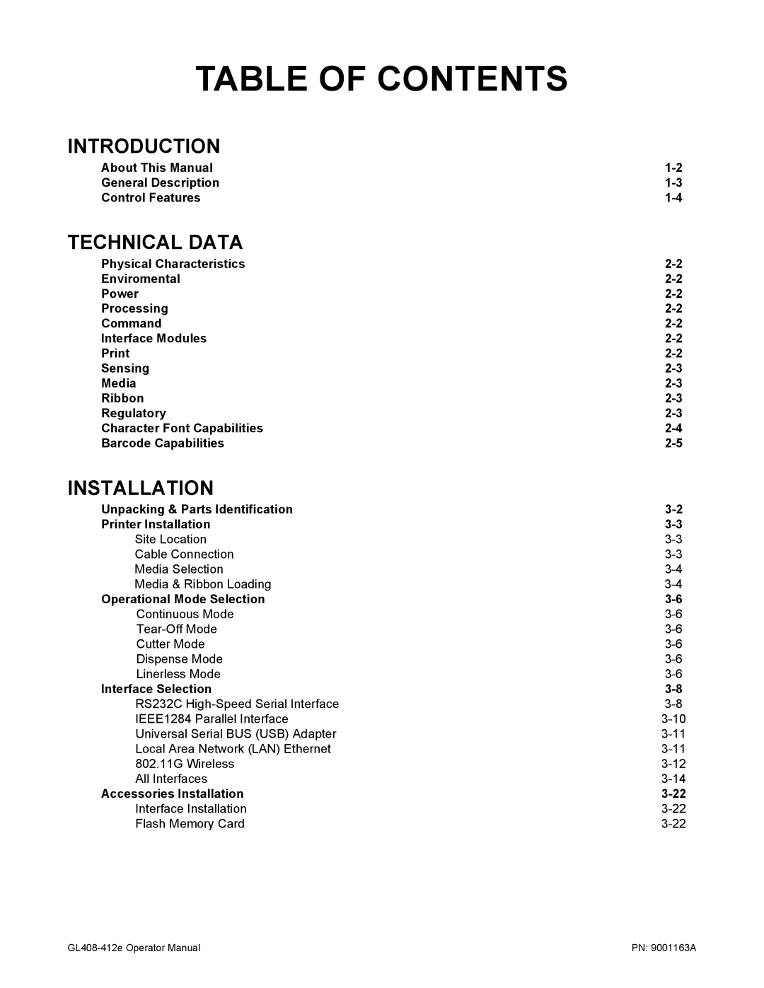 SATO GL408/412E manual Table of Contents 