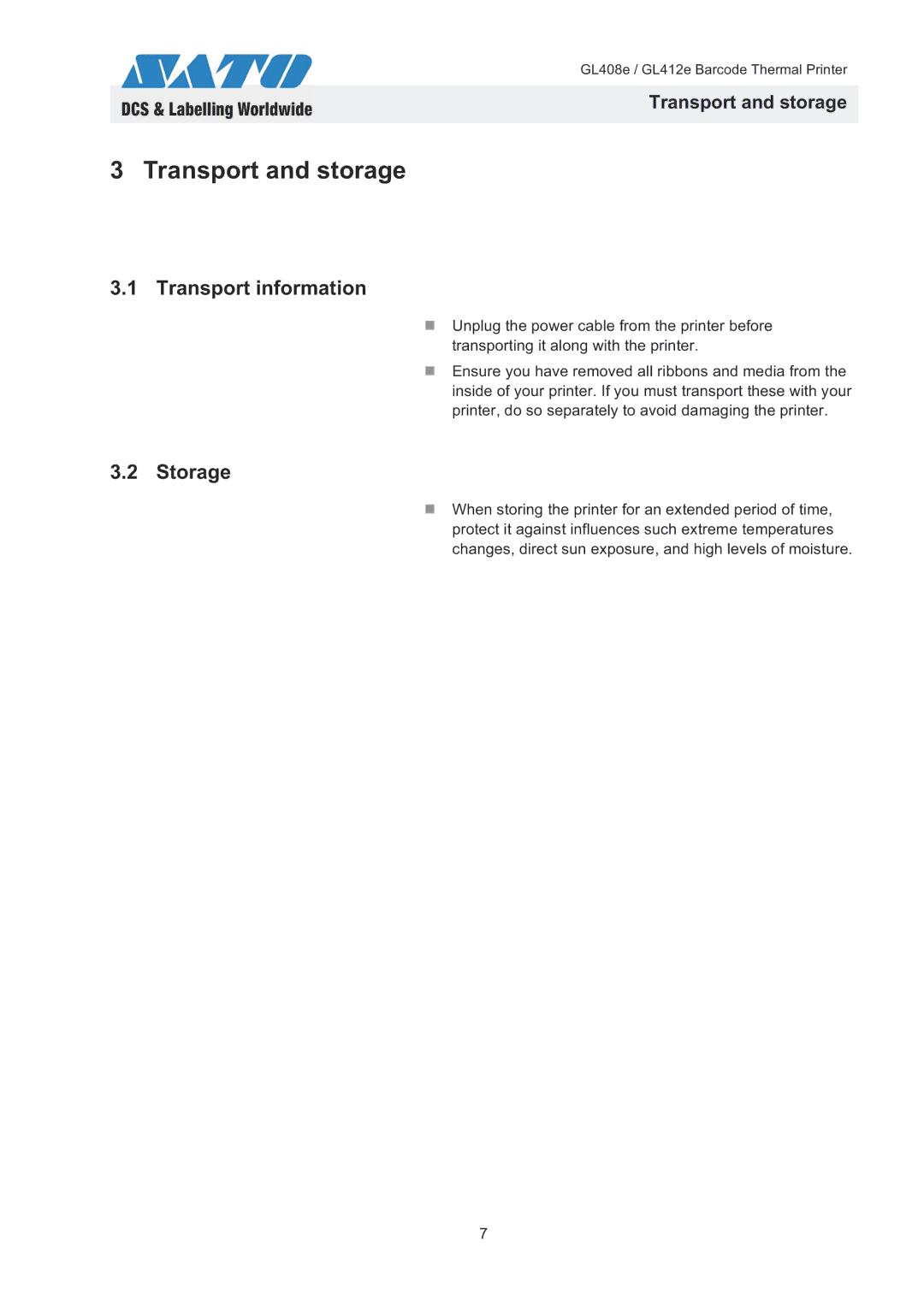 SATO GL408e / GL412e quick start Transport and storage, Transport information, Storage 