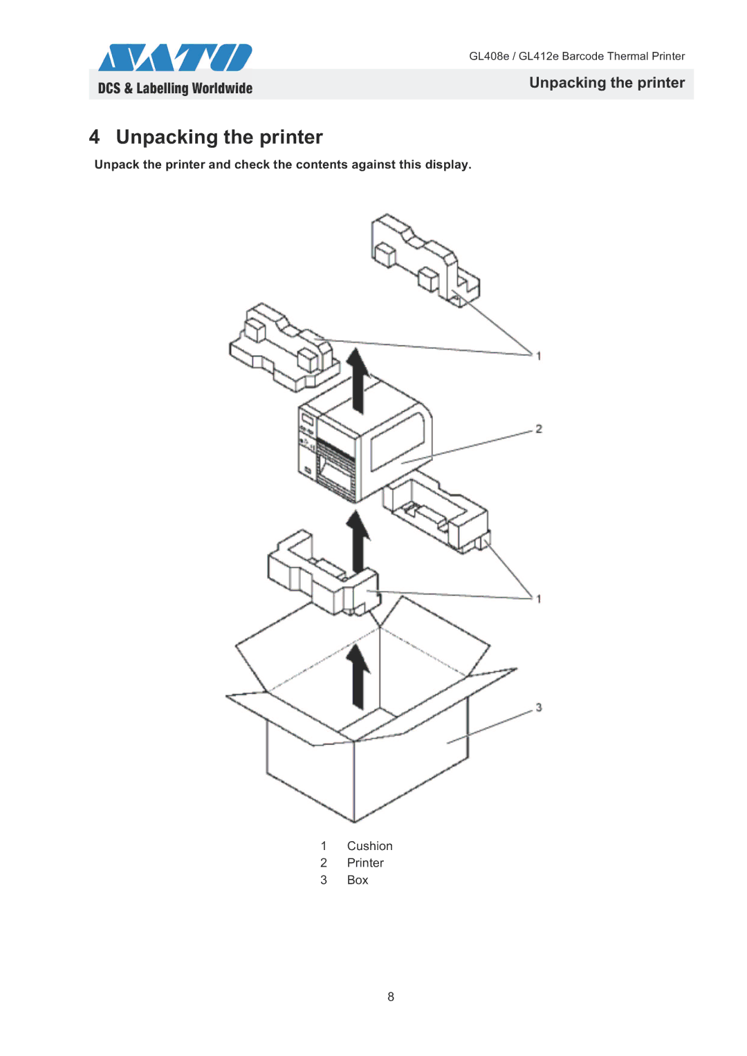 SATO GL408e / GL412e quick start Unpacking the printer 