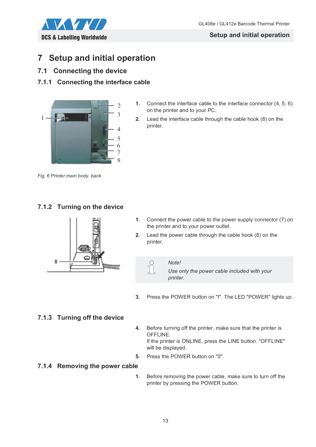 SATO GL408e / GL412e quick start Setup and initial operation, Connecting the device 