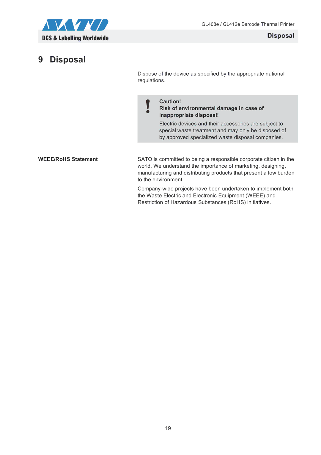 SATO GL408e / GL412e Disposal, Risk of environmental damage in case, Inappropriate disposal, WEEE/RoHS Statement 