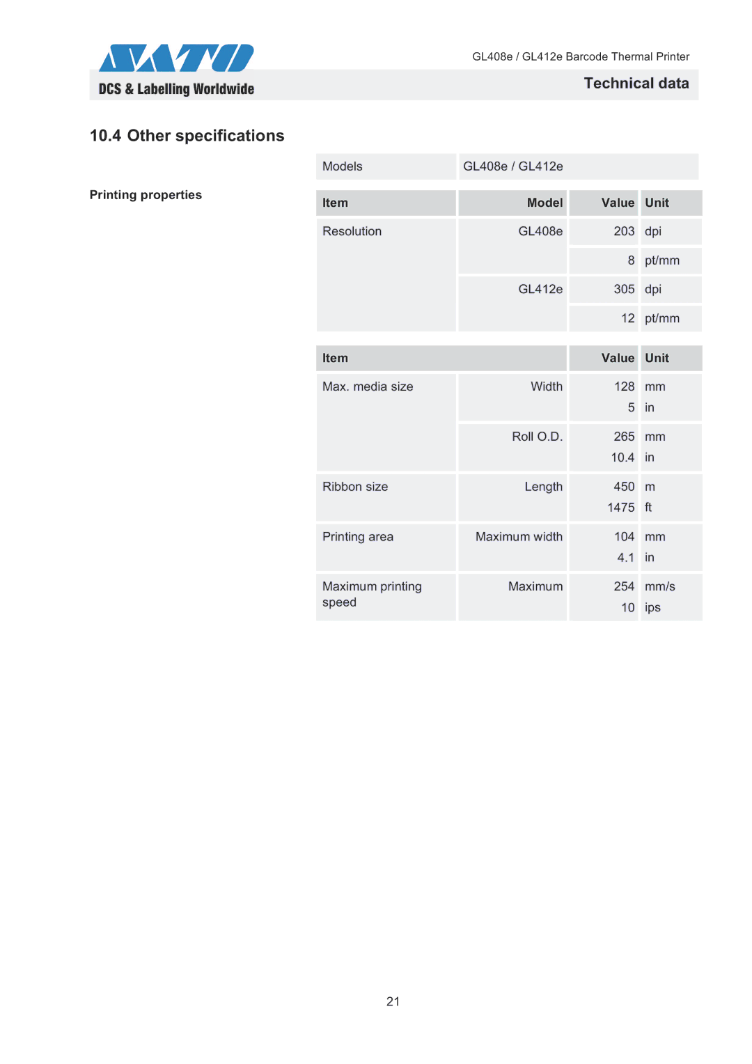 SATO quick start Other specifications, Models GL408e / GL412e Printing properties Value Unit 