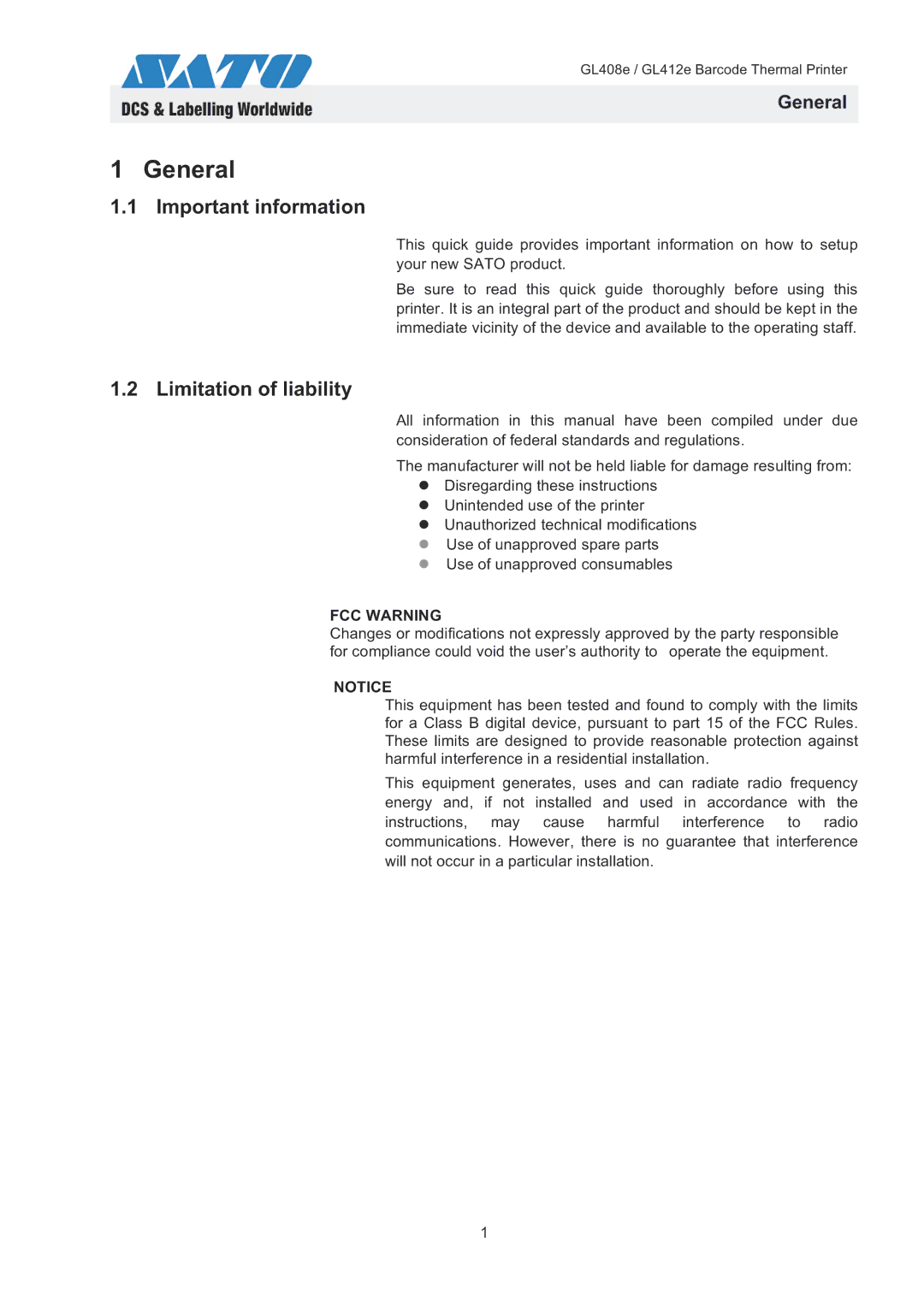 SATO GL408e / GL412e quick start General, Important information, Limitation of liability 