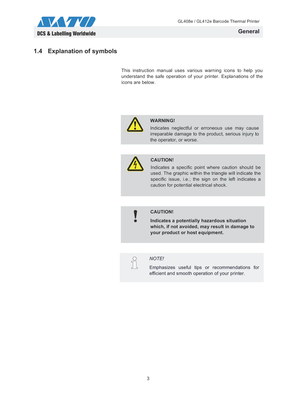 SATO GL408e / GL412e quick start Explanation of symbols 