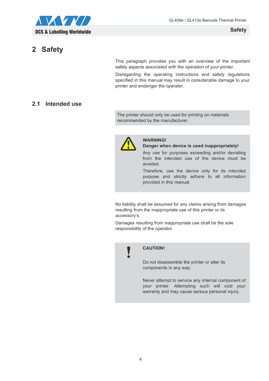 SATO GL408e / GL412e quick start Safety, Intended use 